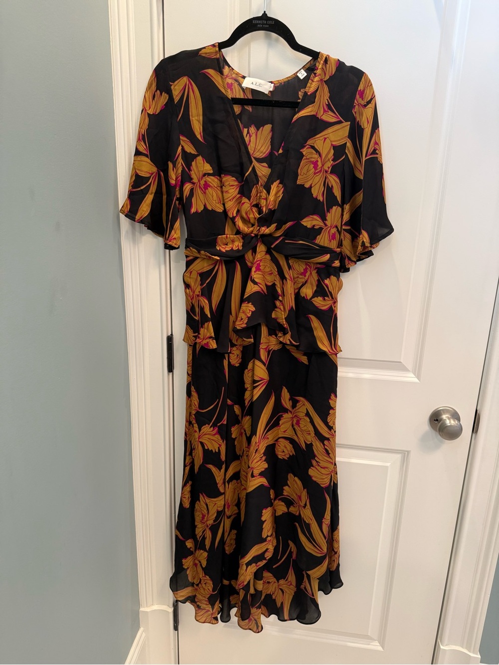 A.L.C. Black Midi Dress with Mustard Floral Print